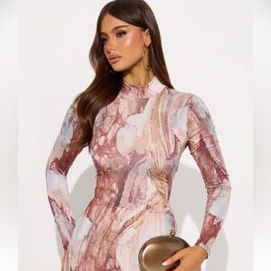 Fashion Nova Marble Print Long Sleeve Maxi Dress in Blush and White